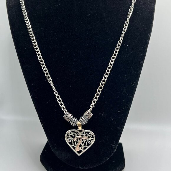 Cute Heart Necklace with  Initials T Silver and Bronze - Picture 1 of 3
